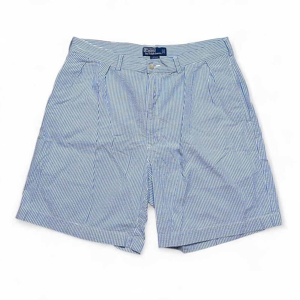 Polo Ralph Lauren 90s Vintage Tyler Pleated Seersucker Blue Cotton Shorts 34”
